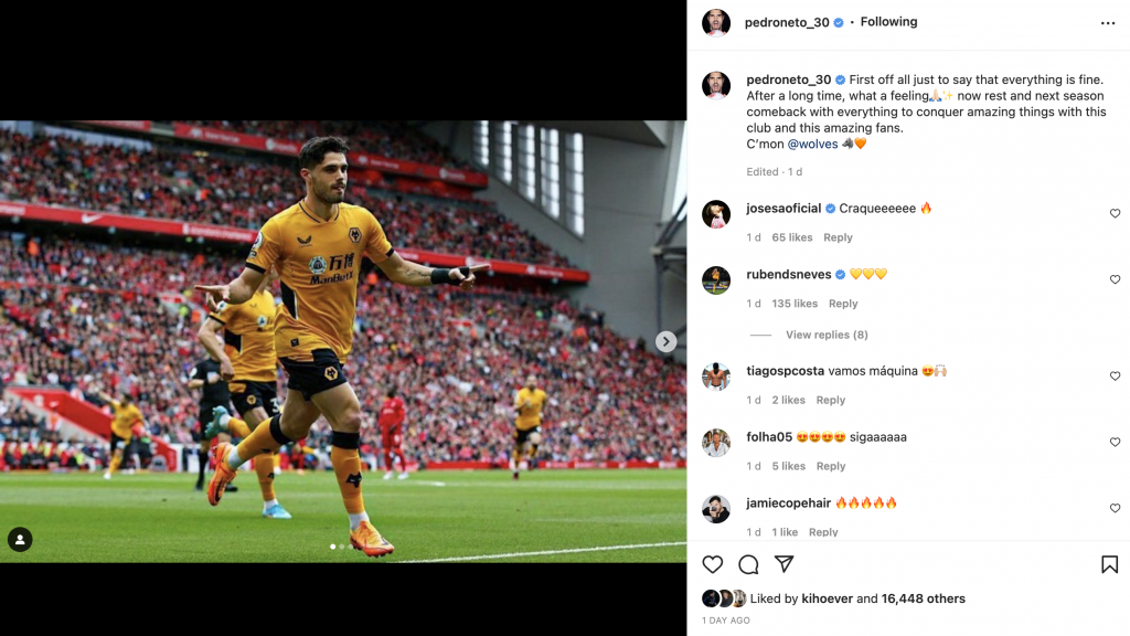 Pedro Neto celebrates his goal for Wolves against Liverpool