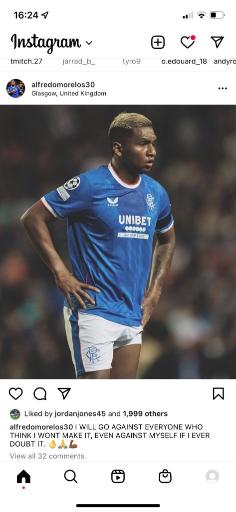 Rangers'-Alfredo-Morelos'-Instagram-post