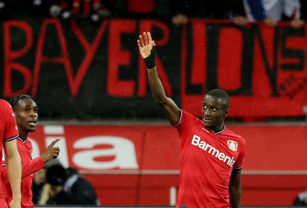 Bayer Leverkusen's Moussa Diaby celebrates scoring their third goal