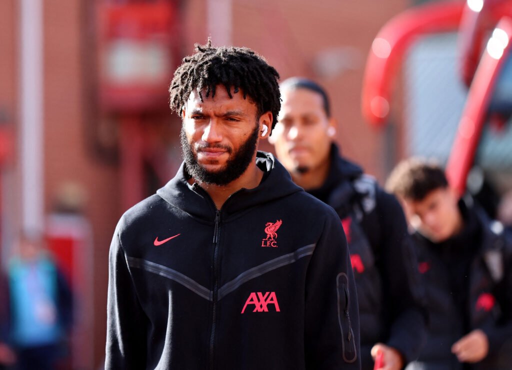 Liverpool's Joe Gomez arrives at the stadium before the match