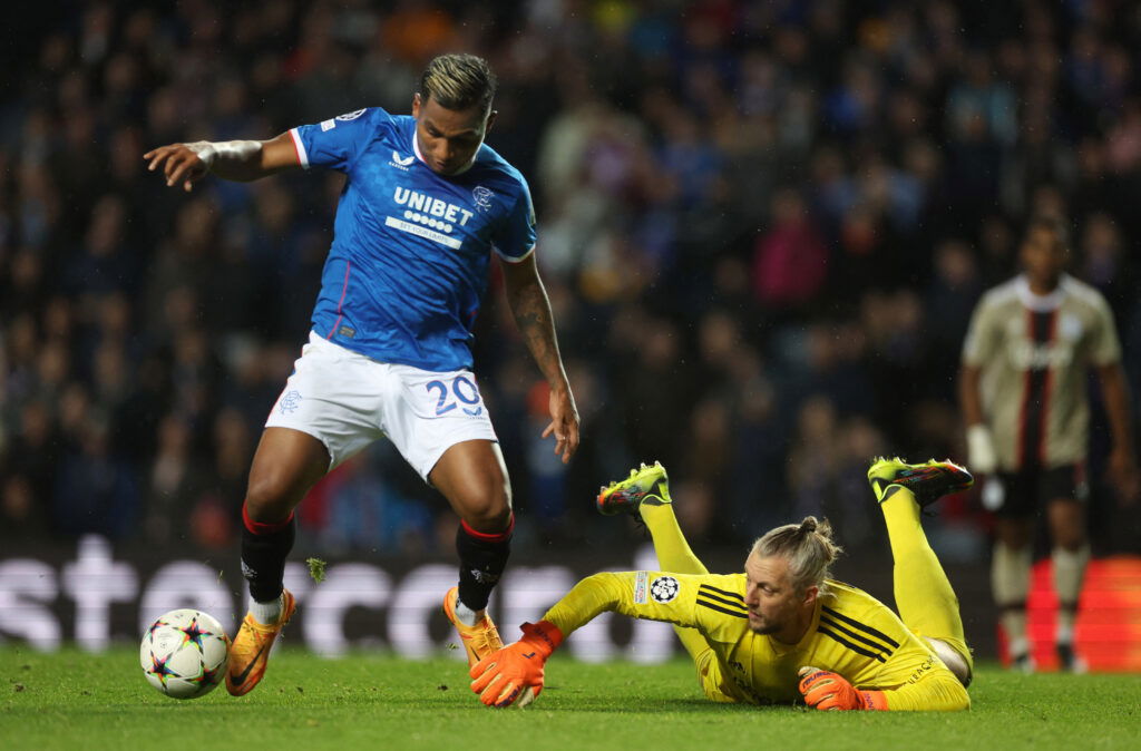 Rangers' Alfredo Morelos in action with Ajax Amsterdam's Remko Pasveer