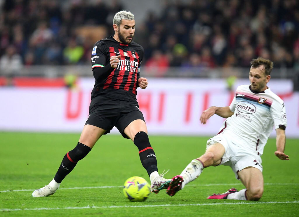 AC Milan's Theo Hernandez in action with Salernitana's Lorenzo Pirola