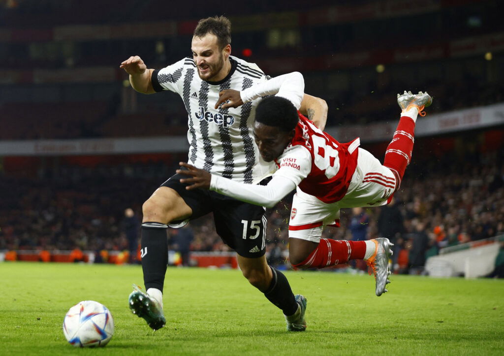 Arsenal's Amario Cozier-Duberry in action with Juventus' Federico Gatti