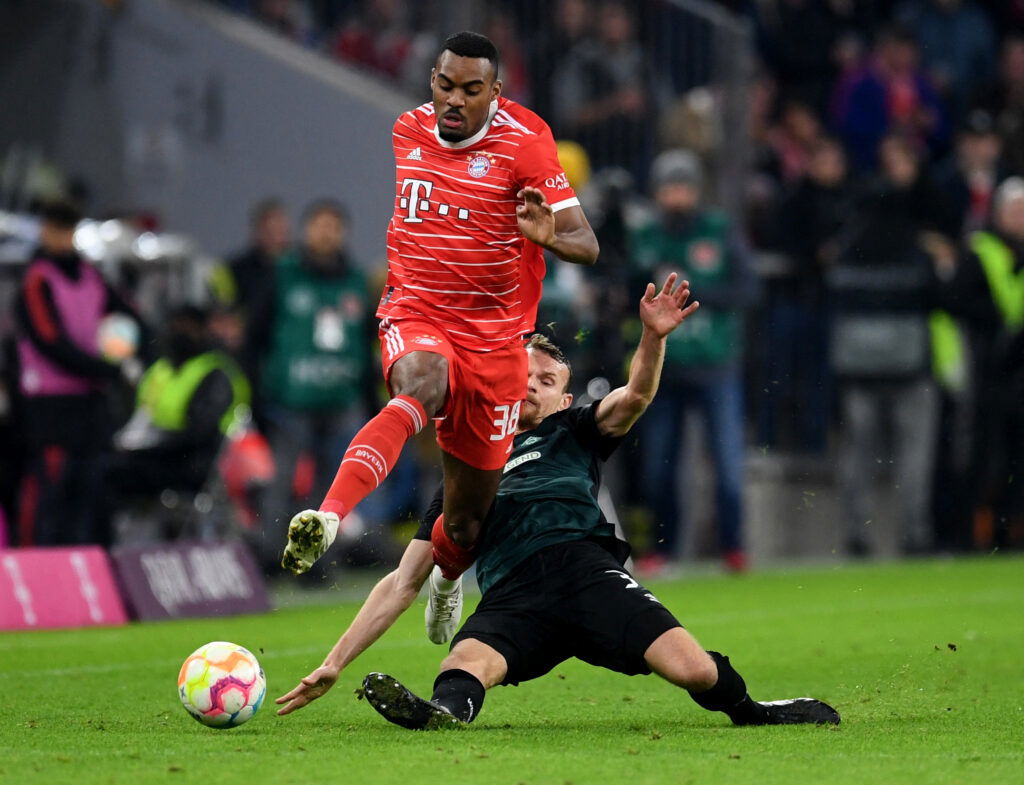 Bayern Munich's Ryan Gravenberch in action with Werder Bremen's Christian Gross