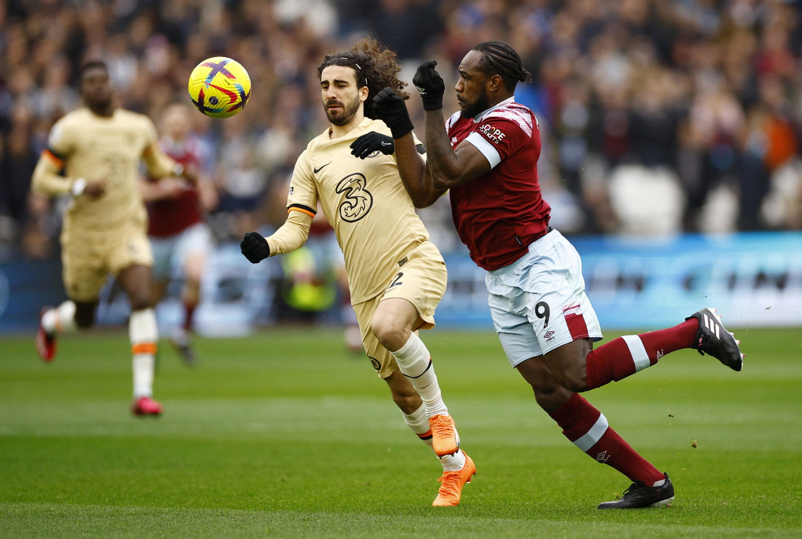 Chelsea's Marc Cucurella in action with West Ham United's Michail Antonio