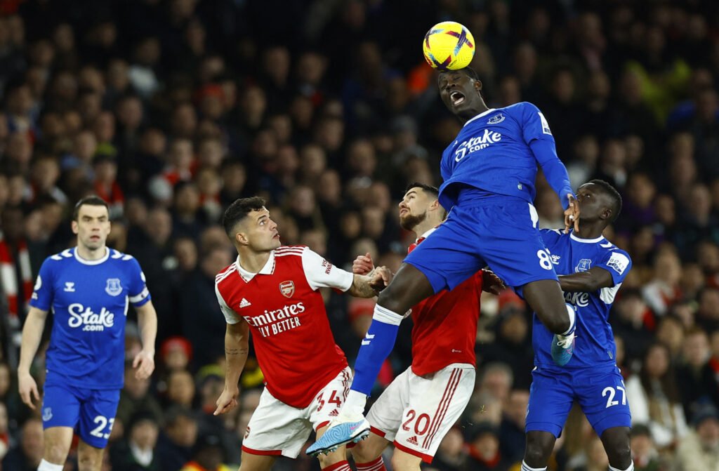 Everton's Amadou Onana and Idrissa Gueye in action with Arsenal's Jorginho and Granit Xhaka
