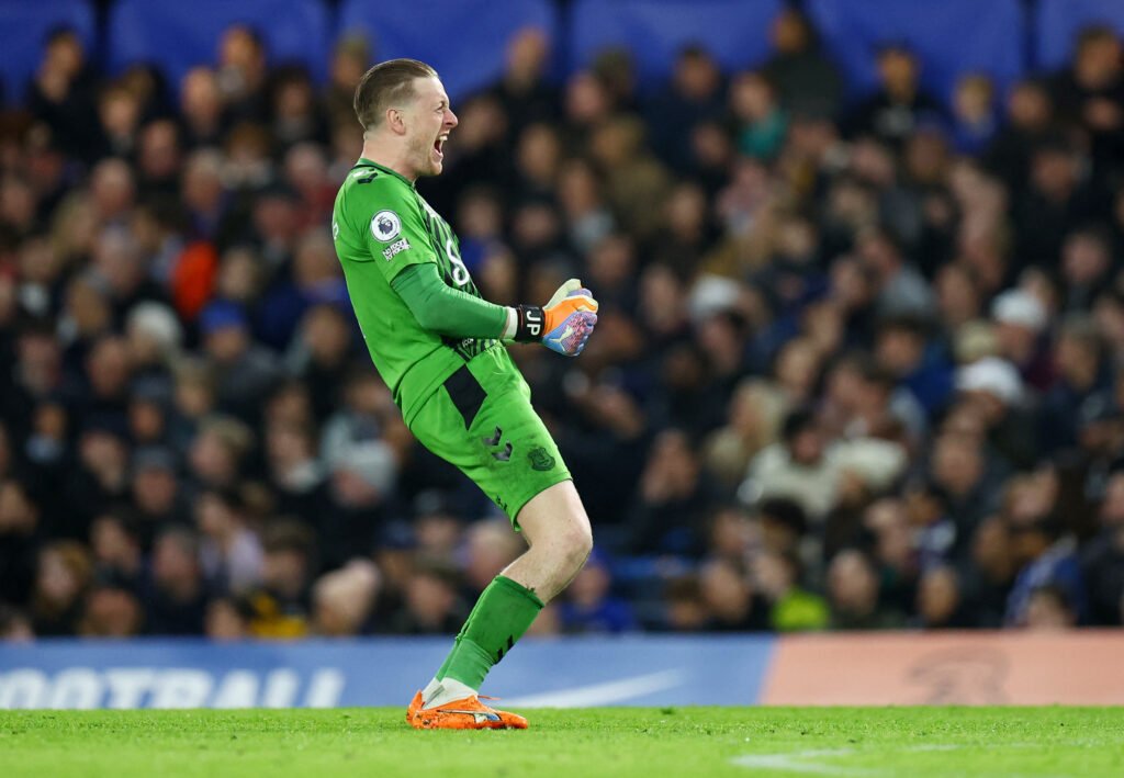 Everton's Jordan Pickford celebrates after Abdoulaye Doucoure scores their first goal