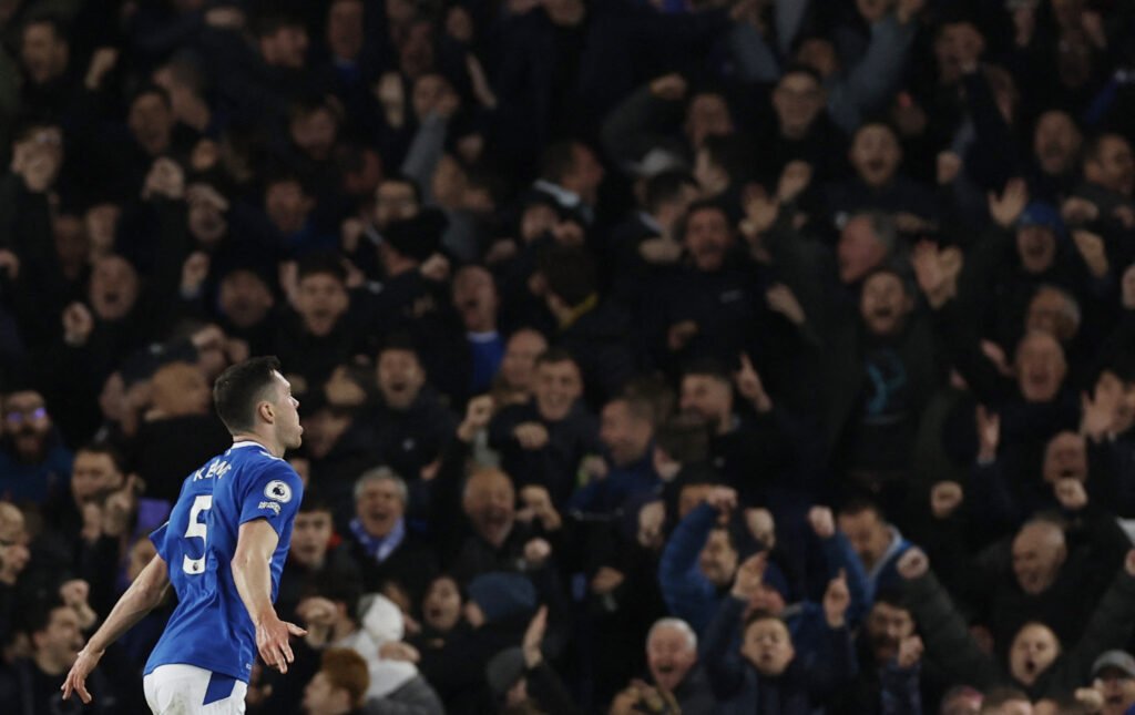 Everton's Michael Keane celebrates scoring their first goal