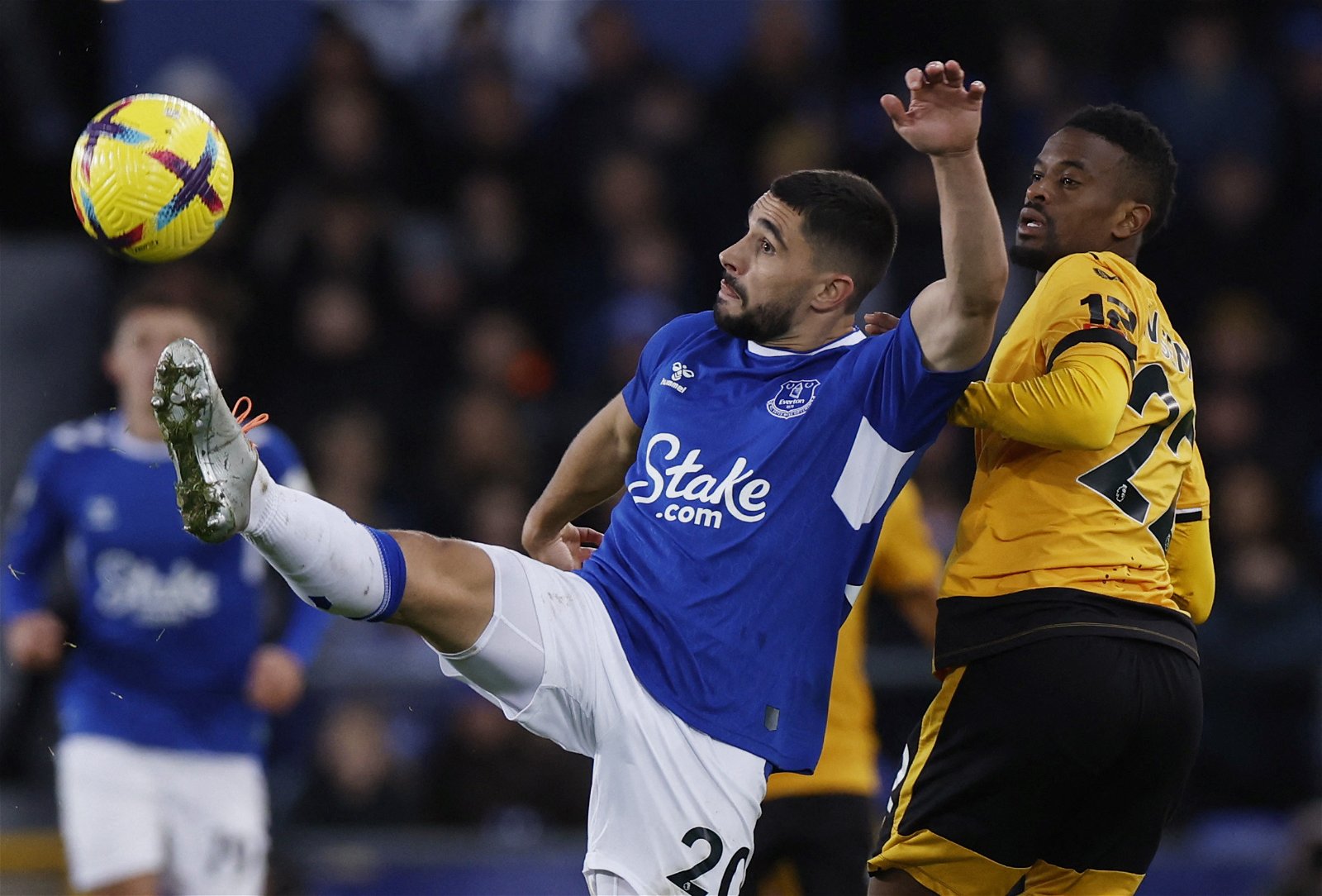  Everton's Neal Maupay in action with Wolverhampton Wanderers' Nelson Semedo