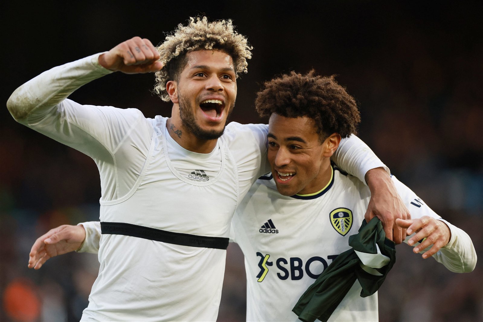 Leeds United's Georginio Rutter and Tyler Adams celebrate after the match