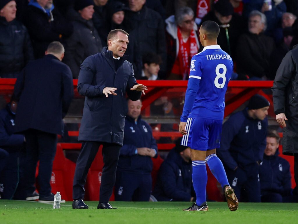 Leicester City manager Brendan Rodgers speaks to Youri Tielemans