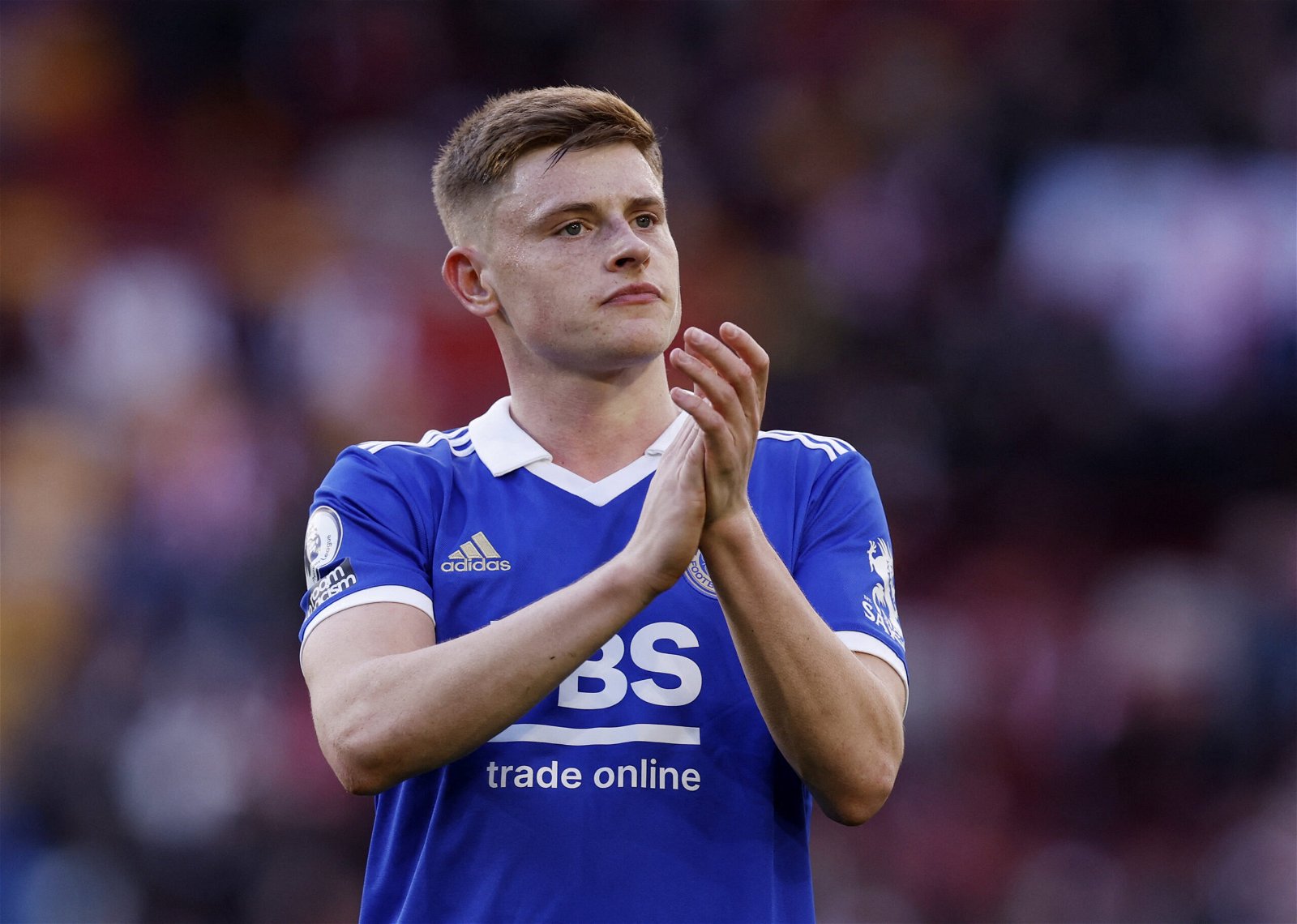 Leicester City's Harvey Barnes applauds fans after the match