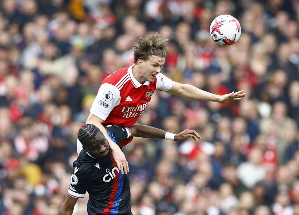 Odsonne Edouard in action with Arsenal's Rob Holding