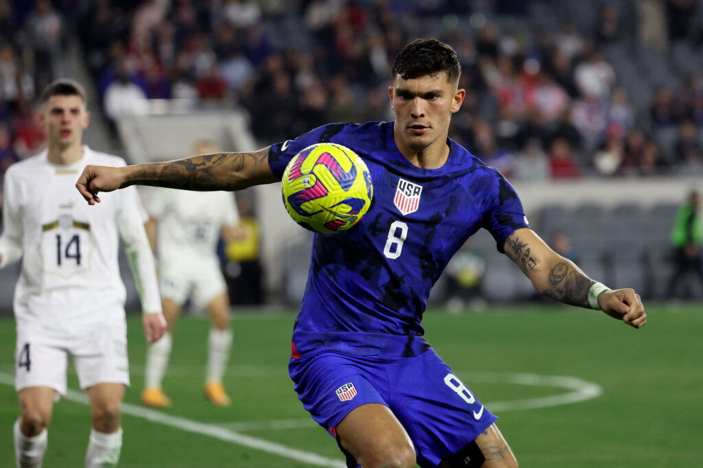 USA forward Brandon Vazquez (8) controls the ball during the second half against the Serbia at BMO Stadium